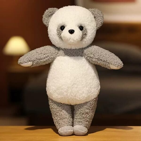 “Standing kawaii panda plush in light grey and white”