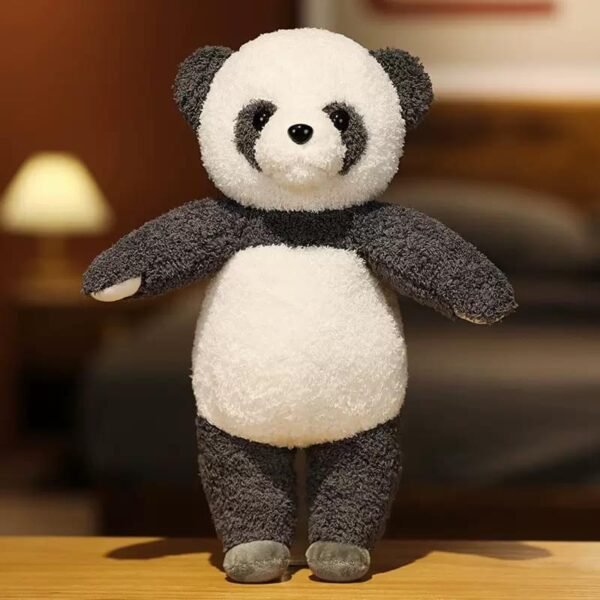 “Standing kawaii panda plush in dark grey and white”