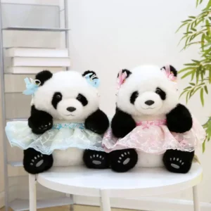 "Kawaii panda plush wearing a white lace skirt, sitting in a cute pose"