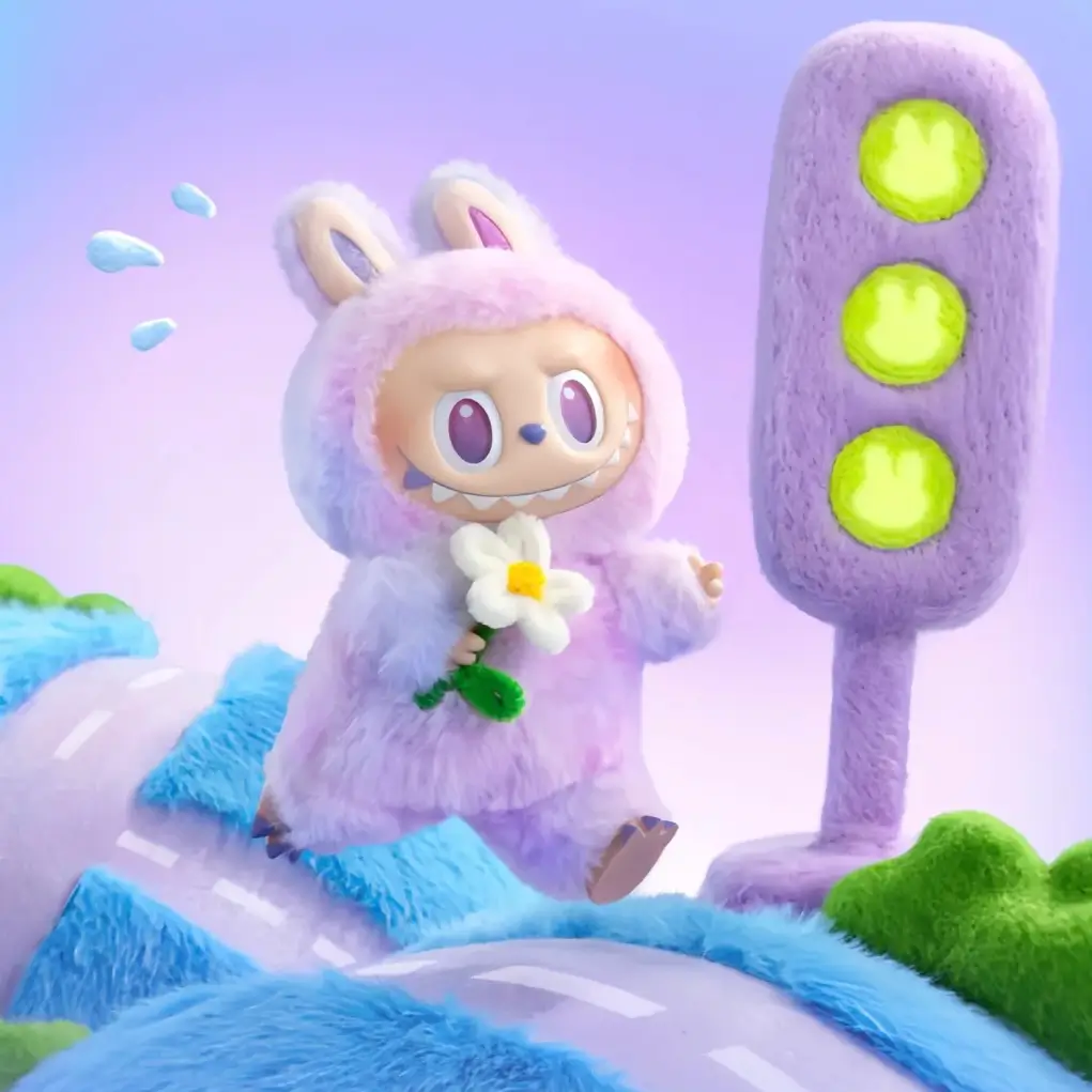 Labubu blind box figure in purple outfit standing next to a fantasy-style traffic light