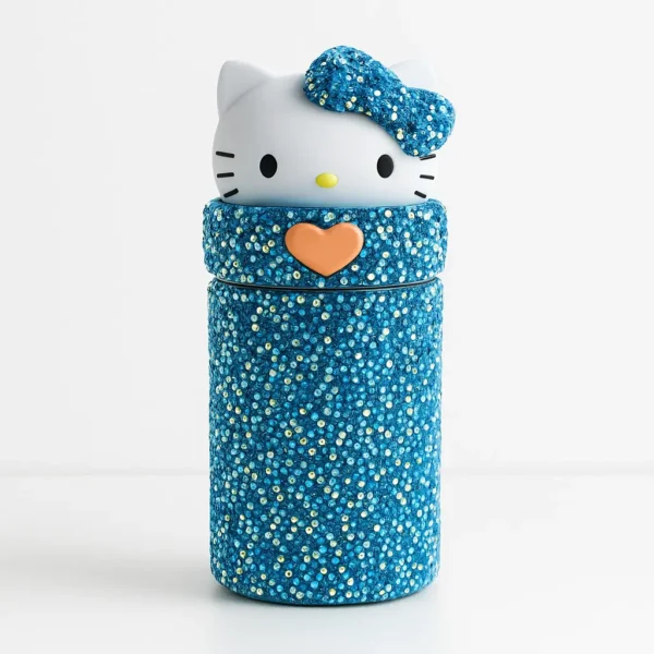Hello Kitty blue glitter thermos with sparkling finish and orange heart accent