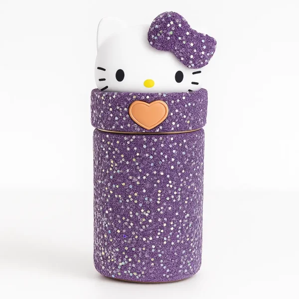 Hello Kitty purple glitter water bottle with bow and heart design