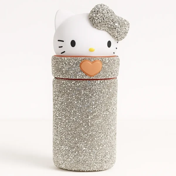 Silver glitter Hello Kitty thermal bottle with heart emblem