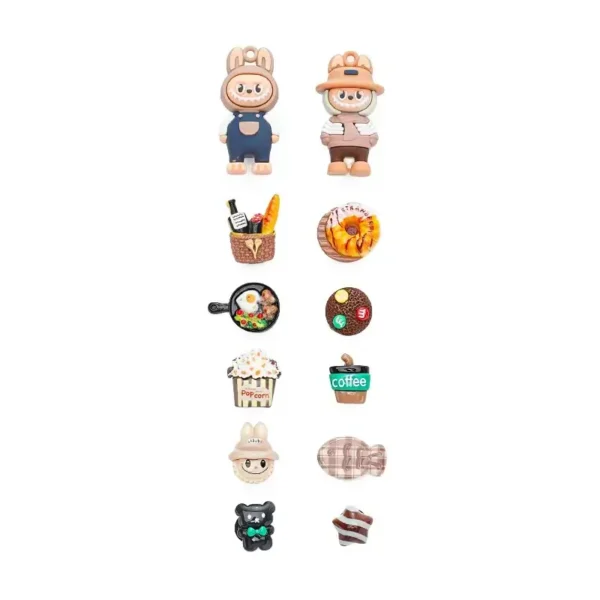 Full view of Labubu charms on tray and shoes