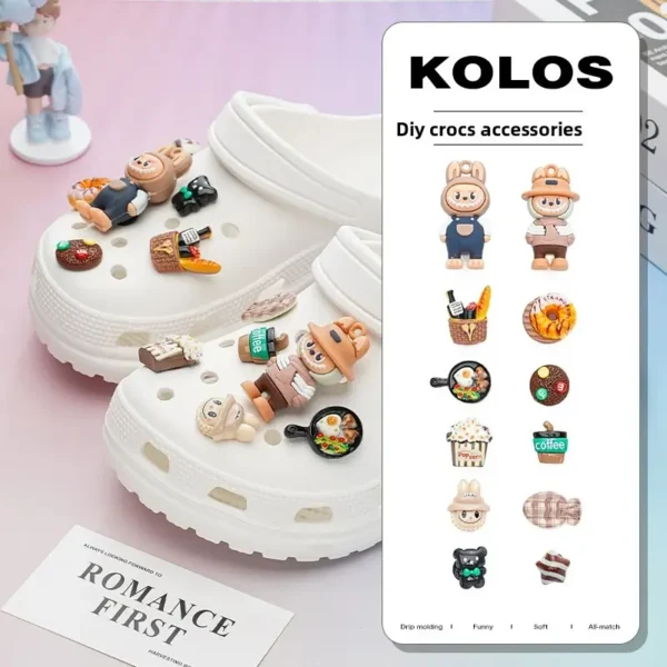 Labubu shoe charms set displayed on white Crocs