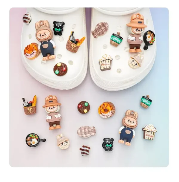 Labubu charms creatively arranged on and around shoes