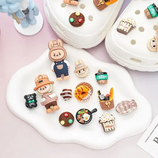Full view of Labubu charms on tray and shoes