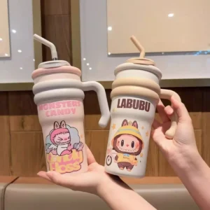 LABUBU 700ML stainless steel water bottle with ceramic coating, featuring cute Monsters Candy and Labubu design, comes with a straw