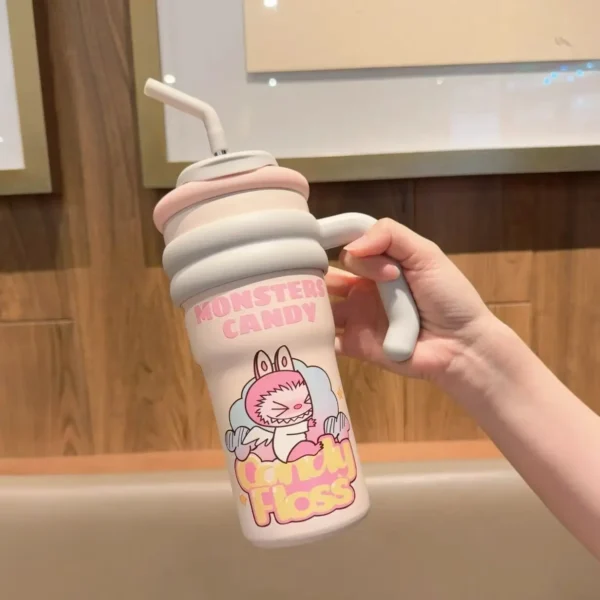 LABUBU 700ML stainless steel water bottle with ceramic coating, featuring cute Monsters Candy and Labubu design, comes with a straw