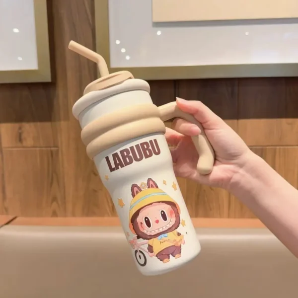 LABUBU 700ML stainless steel water bottle with ceramic coating, featuring cute Monsters Candy and Labubu design, comes with a straw