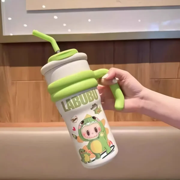LABUBU 700ML stainless steel water bottle with ceramic coating, featuring cute Monsters Candy and Labubu design, comes with a straw