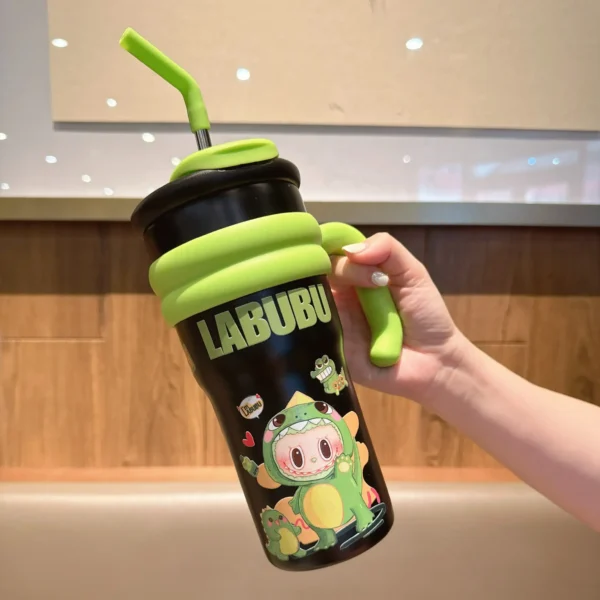 LABUBU 700ML stainless steel water bottle with ceramic coating, featuring cute Monsters Candy and Labubu design, comes with a straw