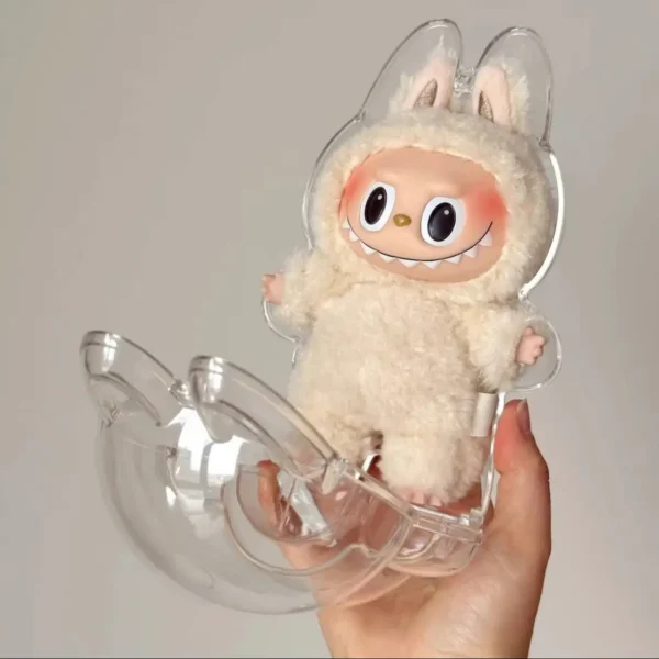 Labubu plush doll inside a clear protective case