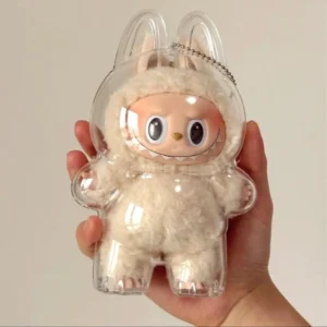 Opened Labubu transparent protective shell with plush doll