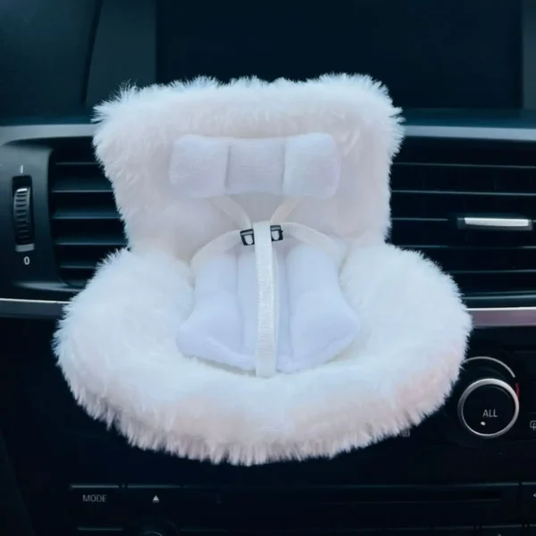 Plush pink car safety seat for dolls and toys with soft cushion and Velcro straps, perfect for Labubu and other figures.