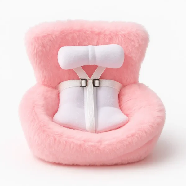 Plush pink car safety seat for dolls and toys with soft cushion and Velcro straps, perfect for Labubu and other figures.