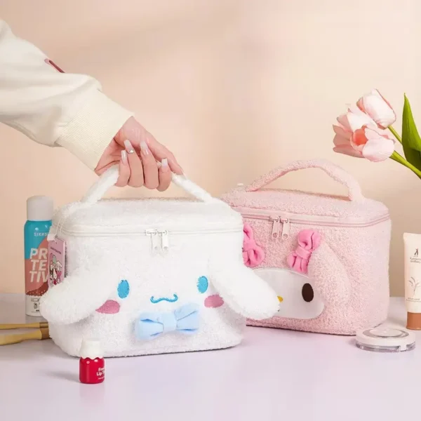 Hello Kitty plush cosmetic bag with red bow and soft fleece finish