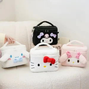 Hello Kitty plush cosmetic bag with red bow and soft fleece finish